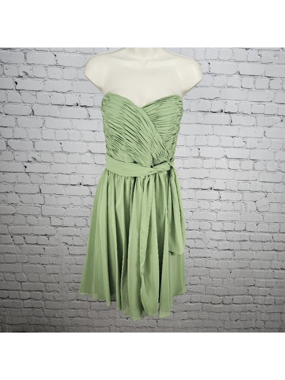 Mori Lee Green Chiffon Strapless Sweetheart Sash Boned Bodice Short Dress 13/14